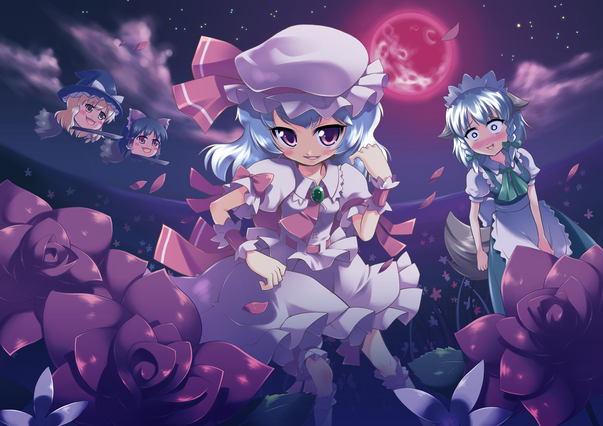 morujii, hakurei reimu, izayoi sakuya, kirisame marisa, remilia scarlet, touhou, bad id, bad pixiv id, 4girls, braid, broom, female focus, flying, maid, moon, multiple girls, nature, outdoors, plant, ribbon, short hair, skirt, sky, twin braids, twintails, wings, yukkuri shiteitte ne