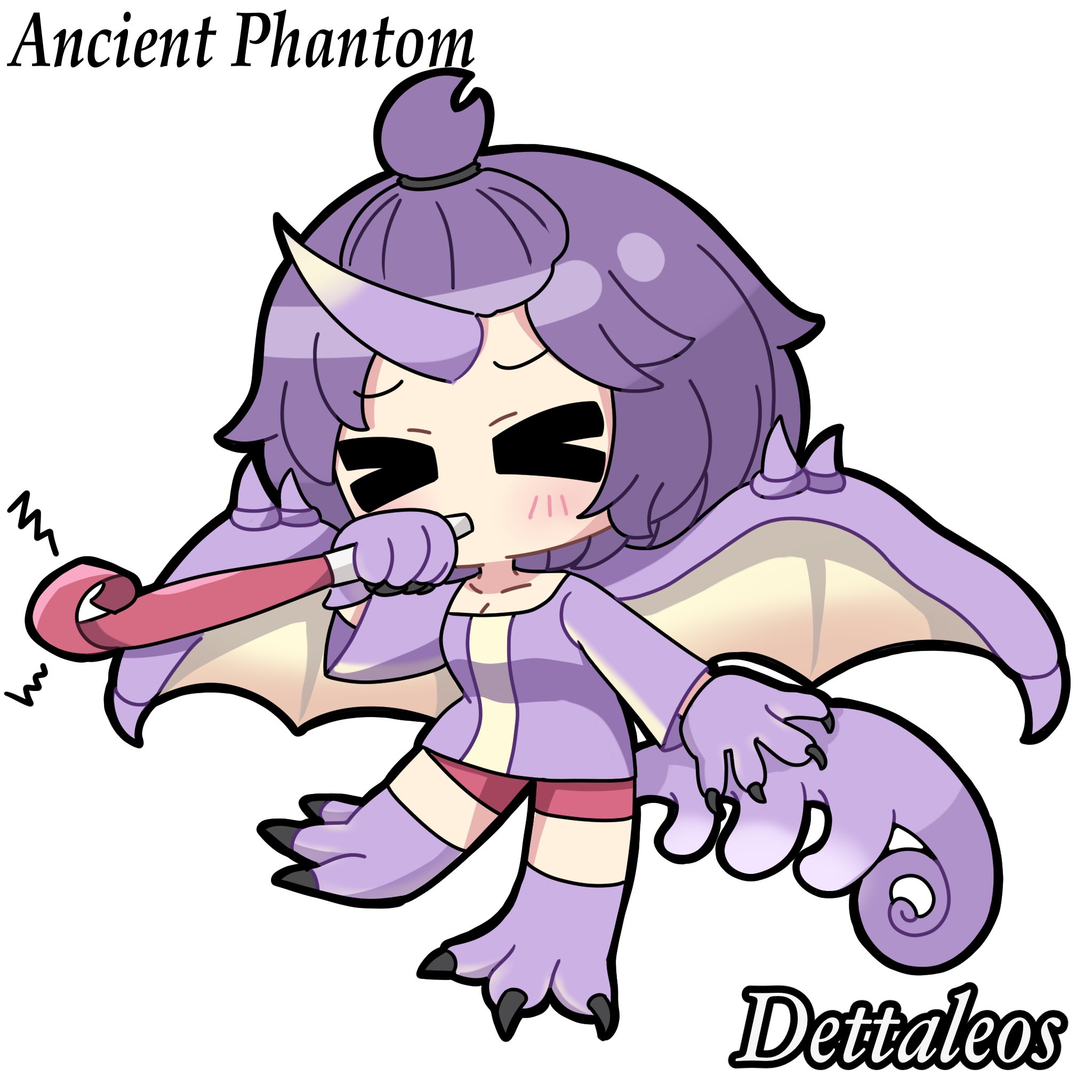 hiro kayama, bernadetta von varley, chameleos, fire emblem, fire emblem: three houses, fire emblem warriors: three hopes, monster hunter (series), nintendo, commentary, english commentary, highres, > <, 1girl, breasts, chameleon tail, claws, cosplay, english text, gloves, horns, long sleeves, official alternate hairstyle, purple hair, short hair, single horn, small breasts, solo, tail, topknot, white background, wings