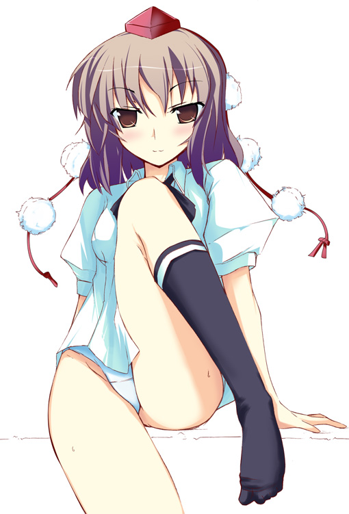 ganmo, shameimaru aya, touhou, 1girl, arm support, feet, female focus, hat, legs, naughty face, panties, shirt, short hair, simple background, sitting, socks, solo, thighs, underwear, white panties