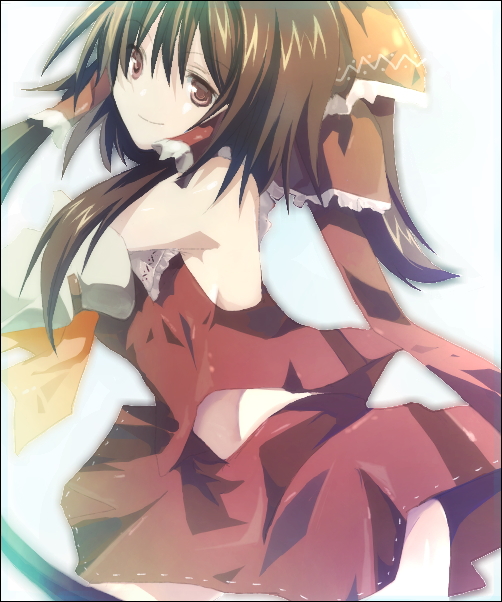 ren (pixiv), hakurei reimu, touhou, bad id, bad pixiv id, 1girl, female focus, japanese clothes, miko, ribbon, skirt, solo, white background