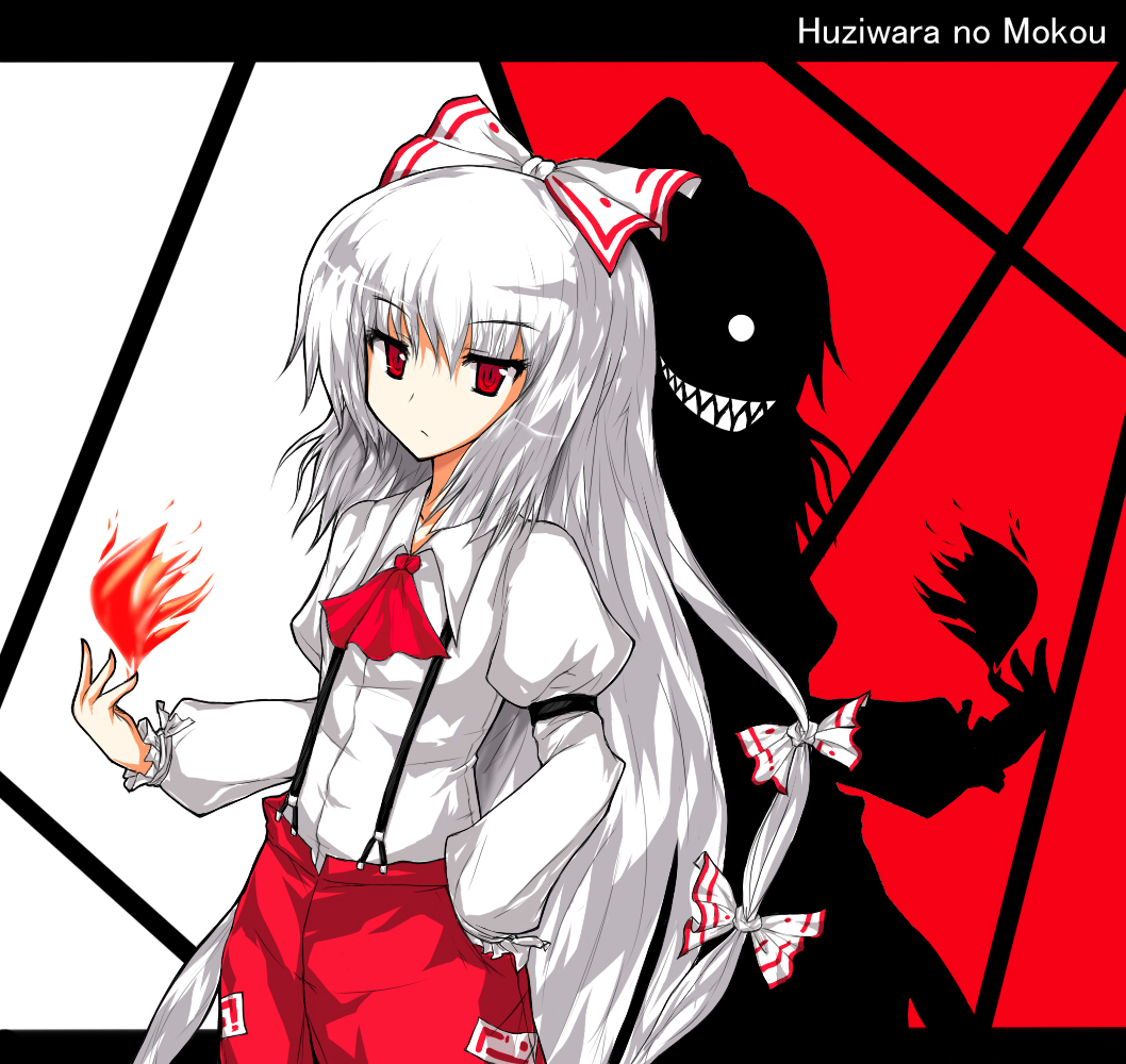 isa, fujiwara no mokou, touhou, 1girl, alphes (style), bow, character name, different shadow, evil grin, evil smile, female focus, fire, grin, hair bow, hair ornament, kunreishiki, long hair, magic, multiple hair bows, parody, red eyes, ribbon, romaji text, shadow, smile, solo, style parody, very long hair, white hair