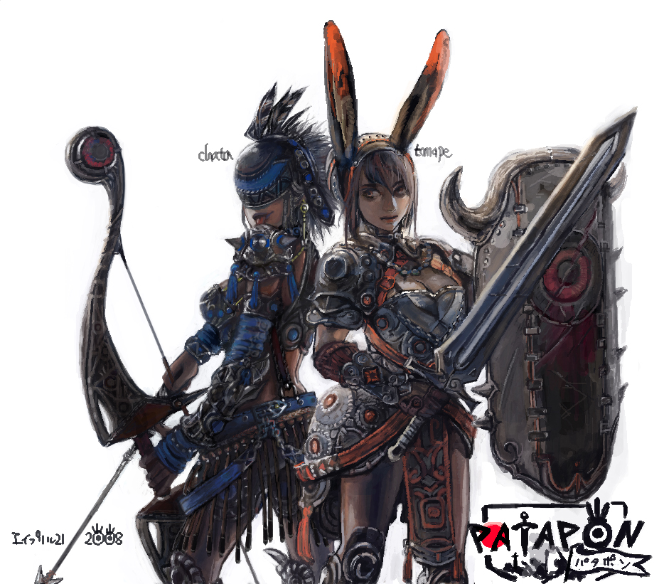 chatalaw, tatepon, yumipon, patapon, 00s, 2008, 2girls, :p, animal ears, armor, arrow (projectile), bow, bow (weapon), brown hair, copyright name, dated, multiple girls, rabbit ears, shield, simple background, sword, tongue, tongue out, weapon, white background