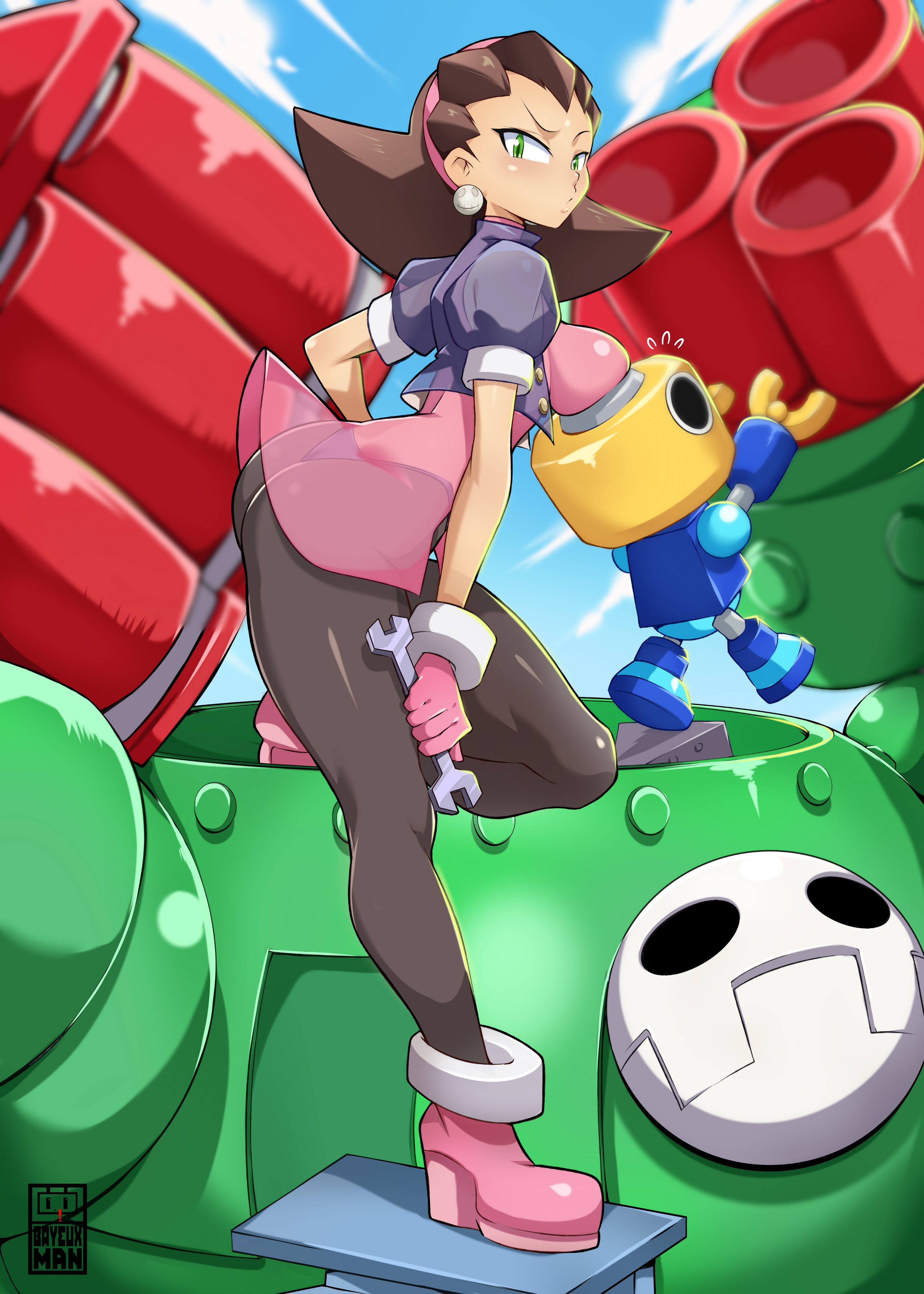 bayeuxman, servbot (mega man), tron bonne (mega man), mega man (series), mega man legends (series), absurdres, highres, 1girl, ass, black pantyhose, blurry, blurry background, breasts, brown hair, dress, green eyes, large breasts, long hair, pantyhose, pink dress, see-through clothes, see-through dress, solo focus