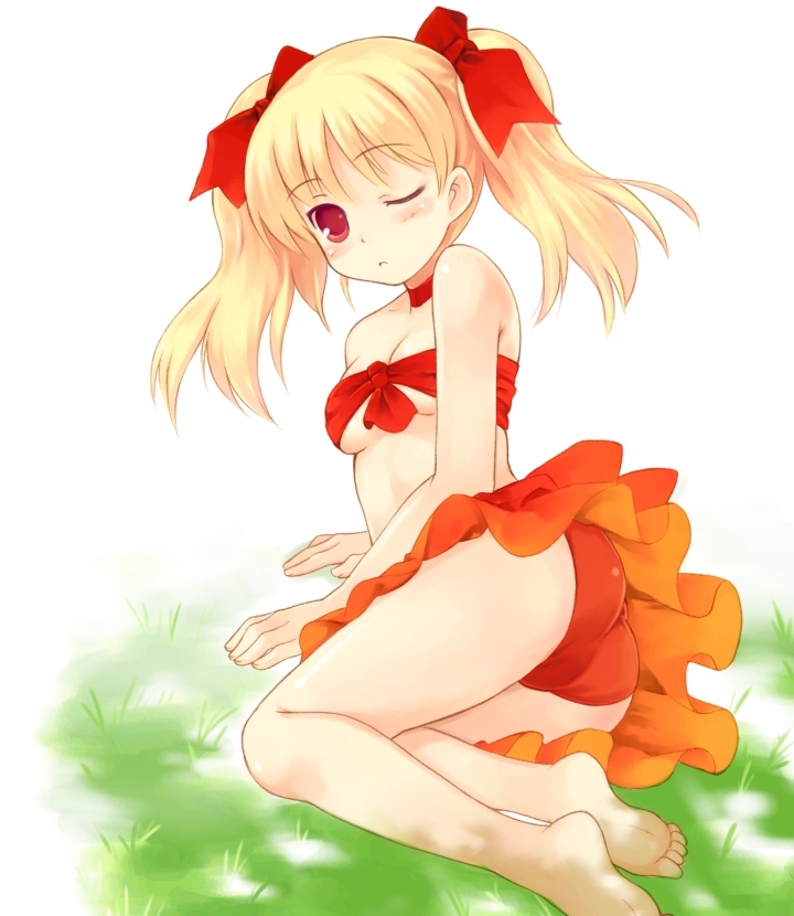 kurasuke, original, 1girl, ass, bandeau bikini, barefoot, bikini, blonde hair, breasts, feet, female focus, hair ribbon, lying, one eye closed, red bikini, red eyes, ribbon, small breasts, solo, swimsuit, twintails, underboob, white background, wink
