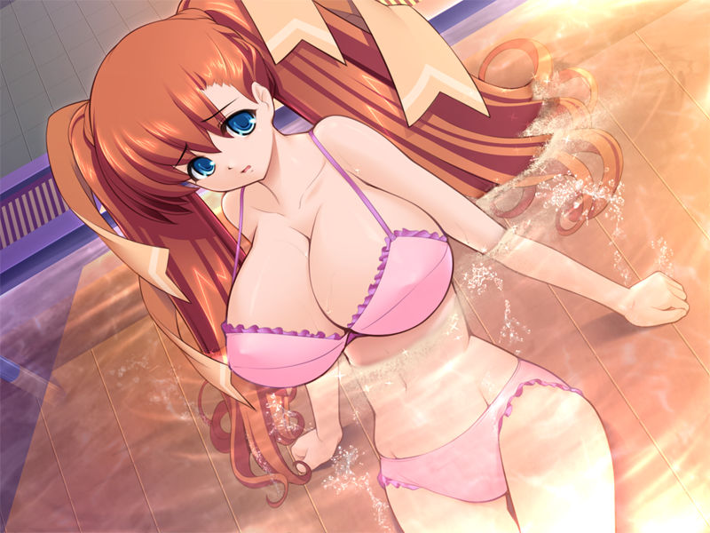 gunner-l, kajiki yuuki, tsuri baka, game cg, 1girl, bikini, blue eyes, breasts, cleavage, female focus, huge breasts, large breasts, long hair, pink bikini, red hair, solo, swimsuit, twintails, water