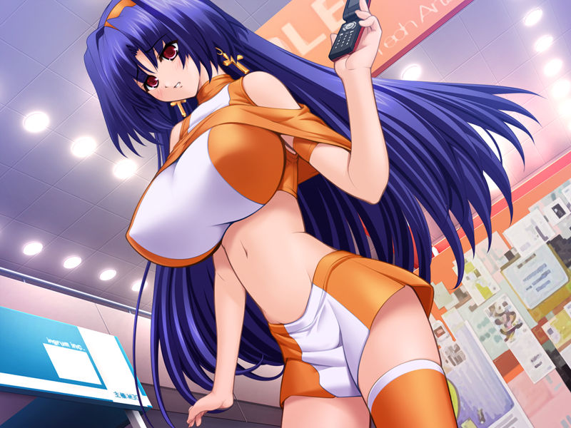 gunner-l, sawara miho, tsuri baka, 1girl, blue hair, breasts, cellphone, earrings, female focus, huge breasts, jewelry, large breasts, long hair, phone, red eyes, skirt, solo, thighhighs, very long hair