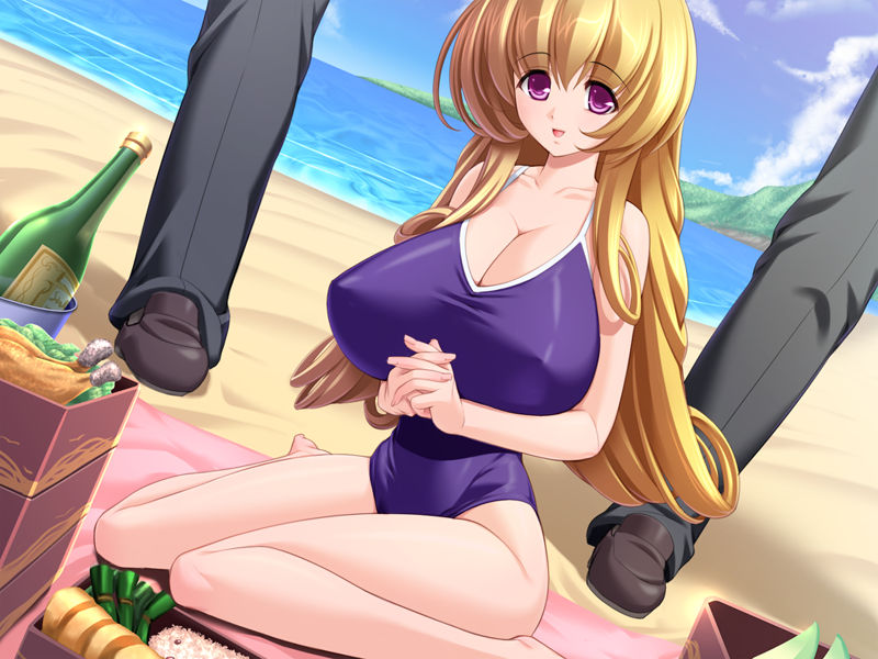 gunner-l, koinoki shizuku, tsuri baka, beach, blonde hair, bottle, breasts, cleavage, food, huge breasts, ocean, own hands clasped, picnic, pink eyes, sitting, swimsuit