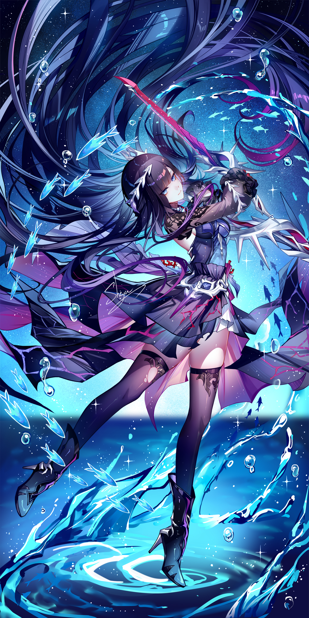 sheya, hysilens (honkai: star rail), honkai: star rail, honkai (series), highres, 1girl, air bubble, artist name, black hair, black thighhighs, blue eyes, boots, breasts, bubble, dress, hair ornament, high heel boots, high heels, holding, holding sword, holding weapon, long hair, looking at viewer, medium breasts, purple dress, signature, smile, solo, sword, thighhighs, torn clothes, torn thighhighs, very long hair, weapon