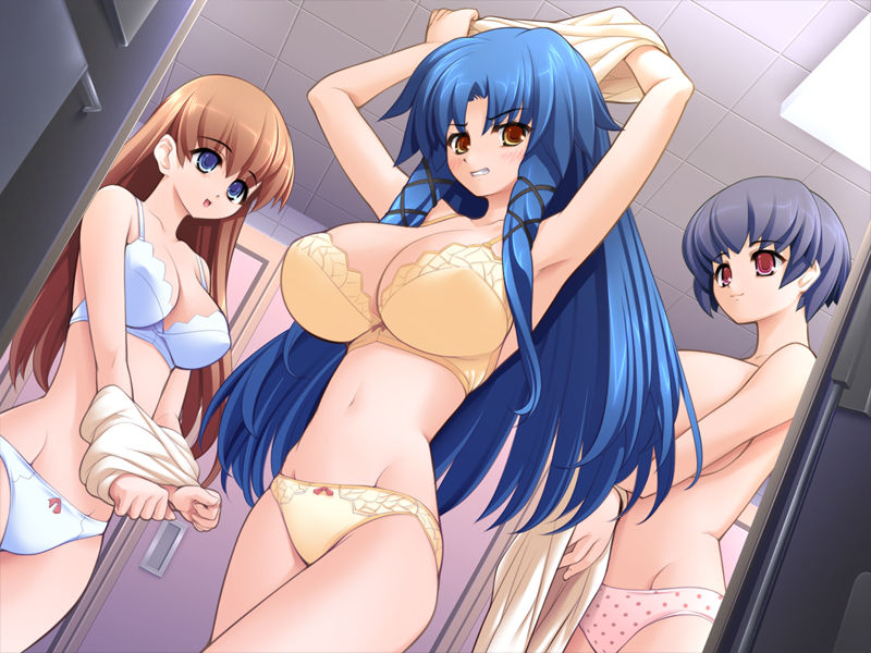 gunner-l, ajikawa aya, tsuri baka, 3girls, black hair, blue eyes, blue hair, blush, bow, bow panties, bra, breasts, brown hair, cleavage, huge breasts, large breasts, lingerie, locker, locker room, long hair, multiple girls, panties, pink panties, polka dot, polka dot panties, red eyes, short hair, take your pick, topless female, underwear, underwear only, undressing, white panties, yellow eyes, yellow panties