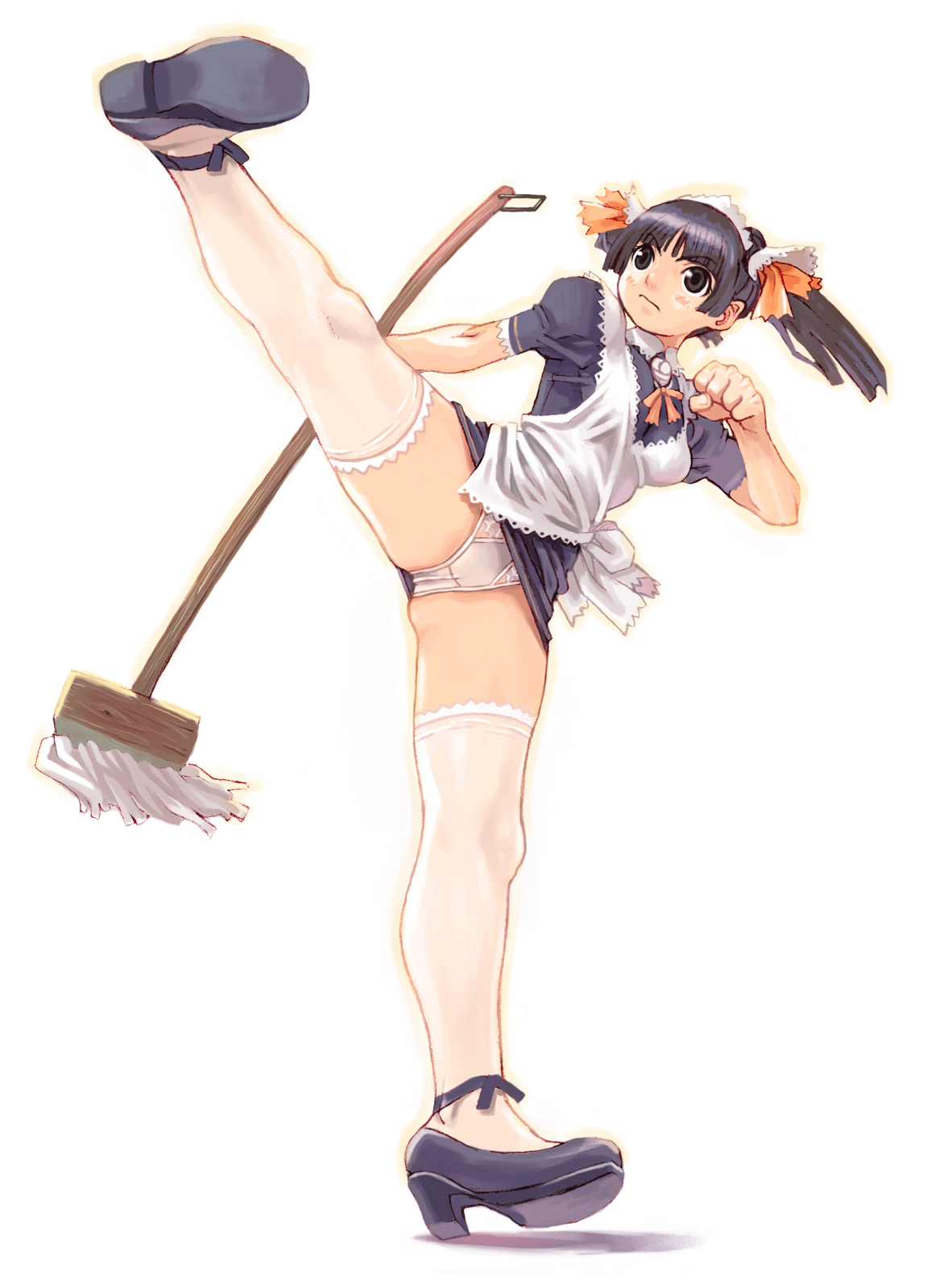ryoji (nomura ryouji), highres, 1girl, black hair, female focus, full body, high kick, kicking, maid, panties, pantyshot, simple background, solo, thighhighs, thighs, underwear, white background, white panties