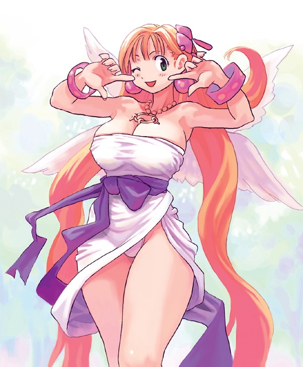 ryoji (nomura ryouji), cherie espoir, marl kingdom, puppet princess (marl kingdom), 1girl, blonde hair, breasts, cleavage, female focus, green eyes, hip focus, huge breasts, long hair, one eye closed, panties, pantyshot, plump, solo, thighs, underwear, very long hair, white panties, wide hips, wings, wink