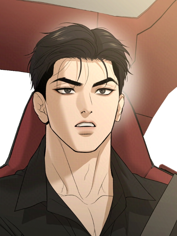 mingwa, joo jaekyung, jinx (manhwa), 1boy, asian, black eyes, black hair, black shirt, car interior, collared shirt, male focus, parted lips, seatbelt, shirt, short hair, simple background, solo, upper body