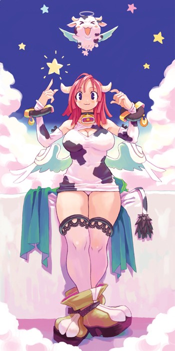 ryoji (nomura ryouji), 1girl, animal print, bell, breasts, choker, cleavage, cleavage cutout, clothing cutout, collar, cow girl, cow print, cow print sleeves, cow tail, cowbell, detached sleeves, female focus, hip focus, horns, large breasts, looking at viewer, neck bell, panties, pantyshot, red hair, smile, solo, tail, thighhighs, thighs, underwear, white panties, wide hips, wings