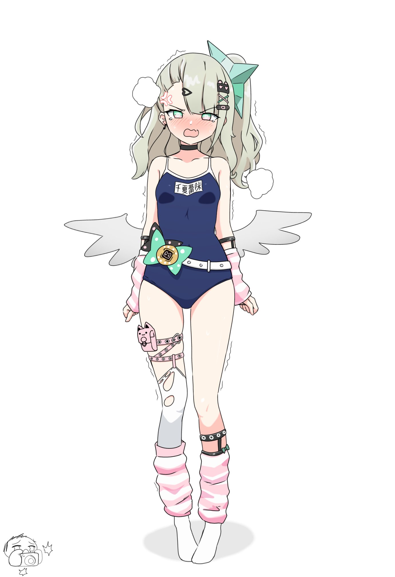 tedomi kiro, chinatsu remiel, zenless zone zero, highres, 1girl, angel wings, anger vein, aqua eyes, asymmetrical legwear, bare shoulders, black choker, blunt bangs, blush, breasts, brown hair, choker, competition school swimsuit, detached sleeves, dot nose, embarrassed, full body, hair ornament, hairclip, long hair, looking at viewer, low wings, mismatched legwear, multicolored eyes, name tag, nose blush, one-piece swimsuit, open mouth, pink eyes, school swimsuit, simple background, single thighhigh, sleeves past wrists, small breasts, standing, swimsuit, tearing up, tears, thigh strap, thighhighs, thighs, torn clothes, torn thighhighs, trembling, tube socks, wavy mouth, white background, wings