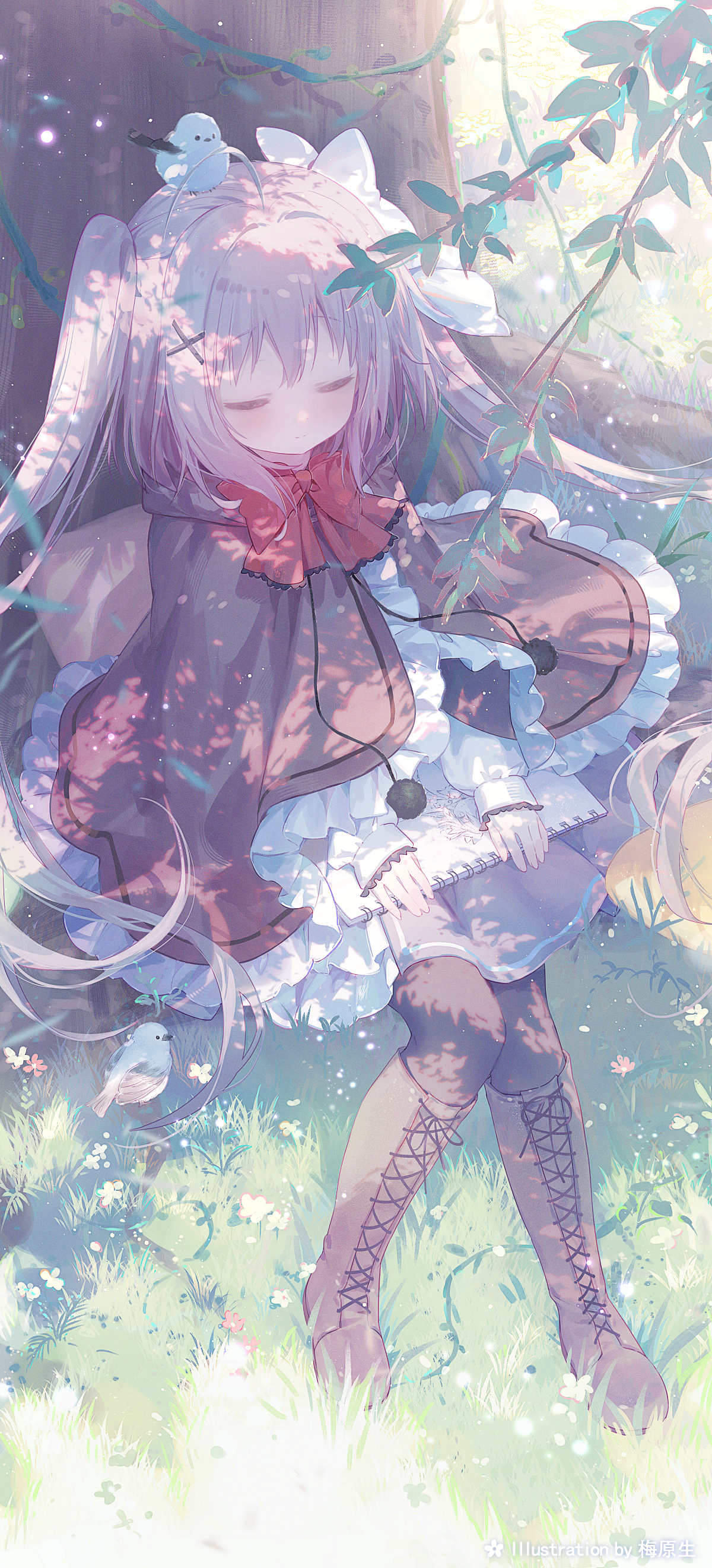 umehara sei, neri (hoshishiro), hoshizora tetsudou to shiro no tabi, absurdres, bird request, commentary, highres, 1girl, ahoge, animal, animal on head, artist name, bird, bird on head, black pantyhose, boots, bow, bowtie, branch, brown boots, brown cloak, cloak, closed eyes, closed mouth, full body, grey hair, grey skirt, hair ornament, hair ribbon, holding, holding sketchbook, knee boots, lace-up boots, light particles, long hair, long sleeves, object on lap, on grass, on head, outdoors, pantyhose, plant, red bow, red bowtie, ribbon, sitting, sketchbook, skirt, sleeves past wrists, solo, tree, twintails, under tree, very long hair, vines, white ribbon, x hair ornament