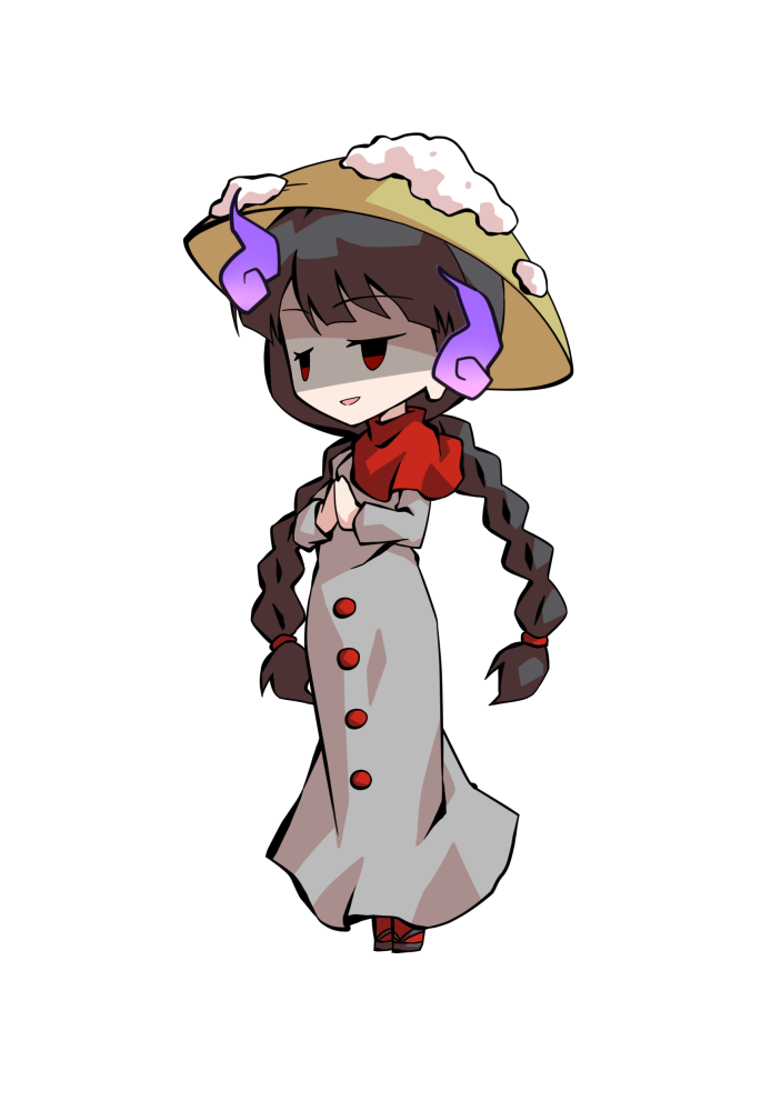 dairi, yatadera narumi, hidden star in four seasons, touhou, braided twintails, commentary request, large variant set, variant set, 1girl, ajirogasa, black hair, blunt bangs, braid, capelet, dress, full body, gloom (expression), grey dress, half-closed eyes, hands up, hat, long dress, long earlobes, long hair, long sleeves, looking ahead, low twintails, open mouth, own hands together, red capelet, red eyes, red socks, sandals, shaded face, simple background, smile, snow on headwear, socks, solo, standing, swept bangs, tachi-e, transparent background, twintails