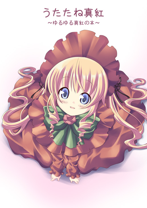 dekosuke, shinku, rozen maiden, 00s, 1girl, blonde hair, blue eyes, blush, bonnet, bow, bowtie, dress, female focus, from above, green bow, green bowtie, long hair, long sleeves, looking afar, looking up, red dress, solo, text focus, twintails, very long hair