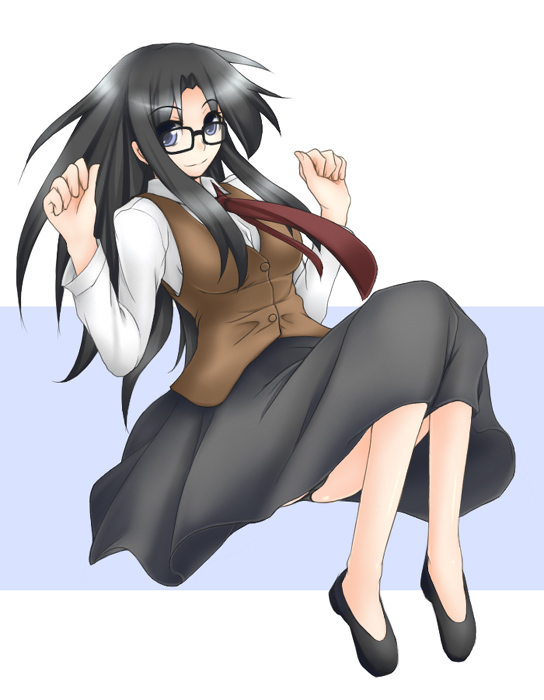 mitsuki (pixiv11671), mitsuki (toriaezu), yomiko readman, read or die, 00s, 1girl, black-framed eyewear, black hair, black skirt, blue eyes, female focus, glasses, long skirt, long sleeves, looking at viewer, messy hair, simple background, skirt, solo, sweater vest, white background