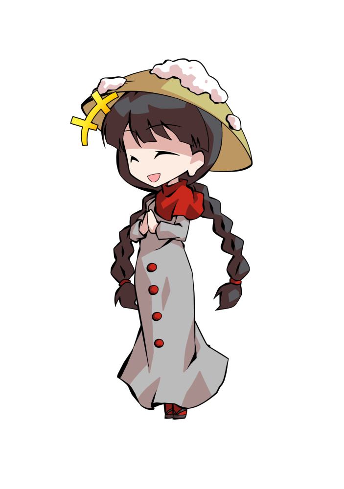 dairi, yatadera narumi, hidden star in four seasons, touhou, braided twintails, commentary request, large variant set, variant set, 1girl, :d, ^ ^, ajirogasa, black hair, blunt bangs, braid, capelet, closed eyes, dress, facing ahead, full body, grey dress, hands up, hat, long dress, long earlobes, long hair, long sleeves, low twintails, open mouth, own hands together, red capelet, red socks, sandals, simple background, smile, snow on headwear, socks, solo, standing, swept bangs, tachi-e, talking, transparent background, twintails