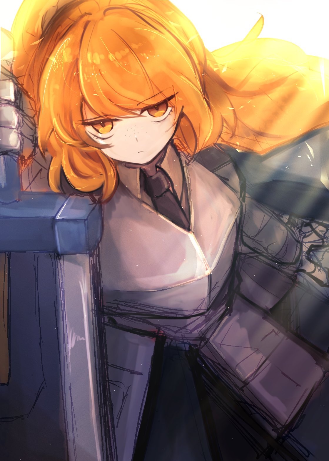 yokuri tori, ishmael (project moon), limbus company, project moon, highres, 1girl, armor, blue necktie, collared shirt, gauntlets, greatsword, green eyes, holding, holding weapon, long hair, looking at viewer, necktie, orange eyes, orange hair, ponytail, shirt, simple background, solo, standing, sword, upper body, weapon, white background, zwei association west uniform