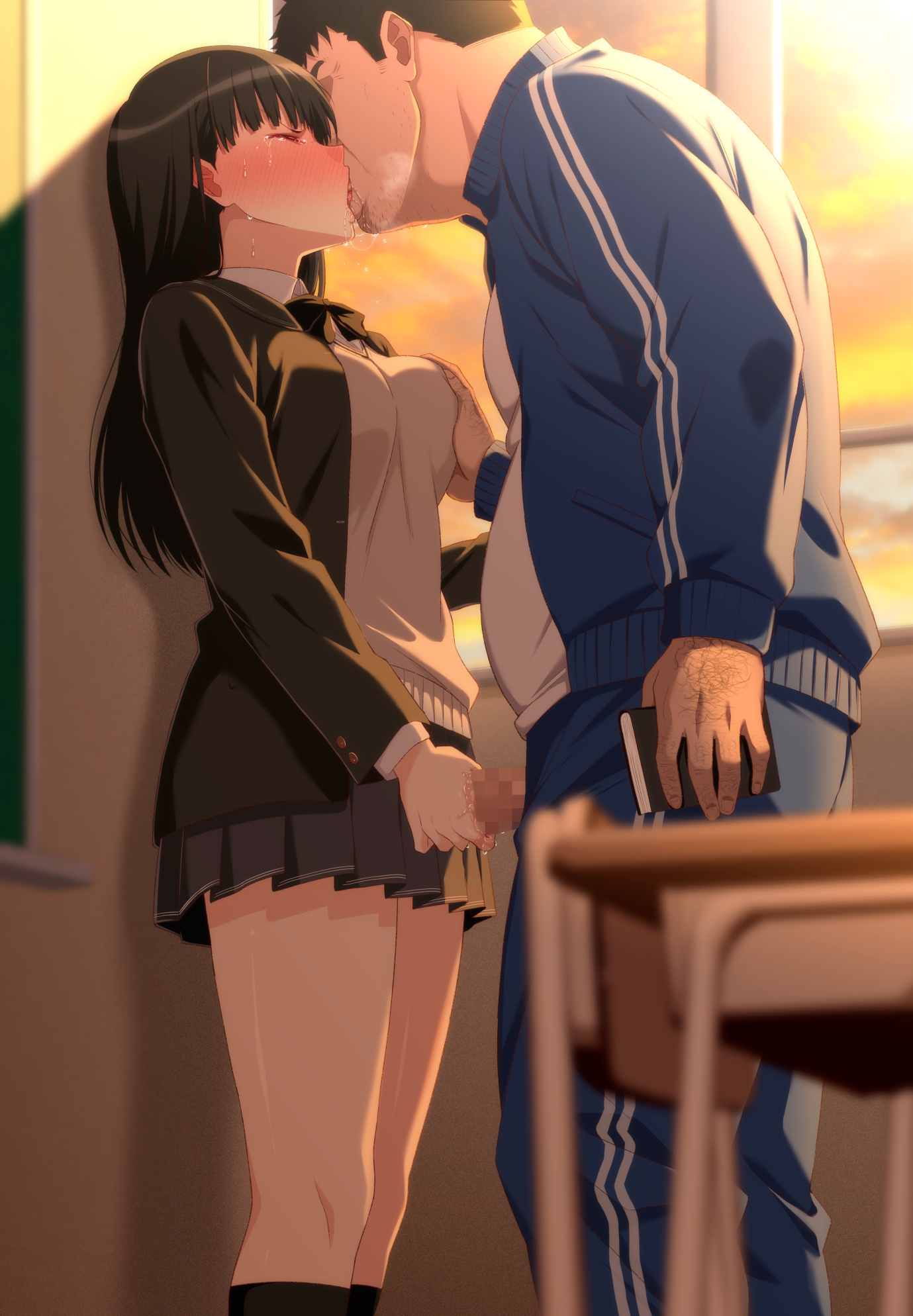 eruu (eruuman), ayatsuji tsukasa, amagami, highres, 1boy, 1girl, age difference, black jacket, breasts, crying, fat, fat man, groping, handjob, jacket, kibito high school uniform, kiss, school uniform, track jacket
