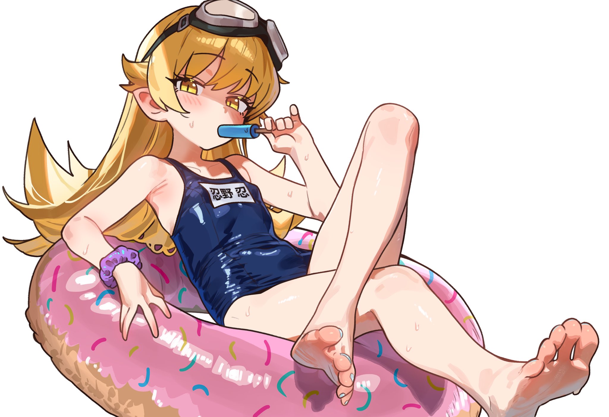 ebora, oshino shinobu, monogatari (series), commentary, english commentary, highres, 1girl, alternate costume, arm rest, armpits, bare arms, bare legs, bare shoulders, barefoot, blonde hair, blue one-piece swimsuit, blush, breasts, collarbone, crossed legs, donut innertube, ear blush, feet, flipped hair, food, food in mouth, full body, goggles, goggles on head, grey nails, hair flaps, hand up, holding, holding food, holding popsicle, innertube, knee up, leaning back, long hair, looking at viewer, nail polish, name tag, old school swimsuit, on innertube, one-piece swimsuit, partially shaded face, pointy ears, popsicle, popsicle in mouth, popsicle stick, purple scrunchie, school swimsuit, scrunchie, sideways glance, simple background, sitting, slit pupils, small breasts, soles, solo, sweat, swept bangs, swim ring, swimsuit, toenail polish, toenails, toes, vampire, very long hair, white background, wrist scrunchie
