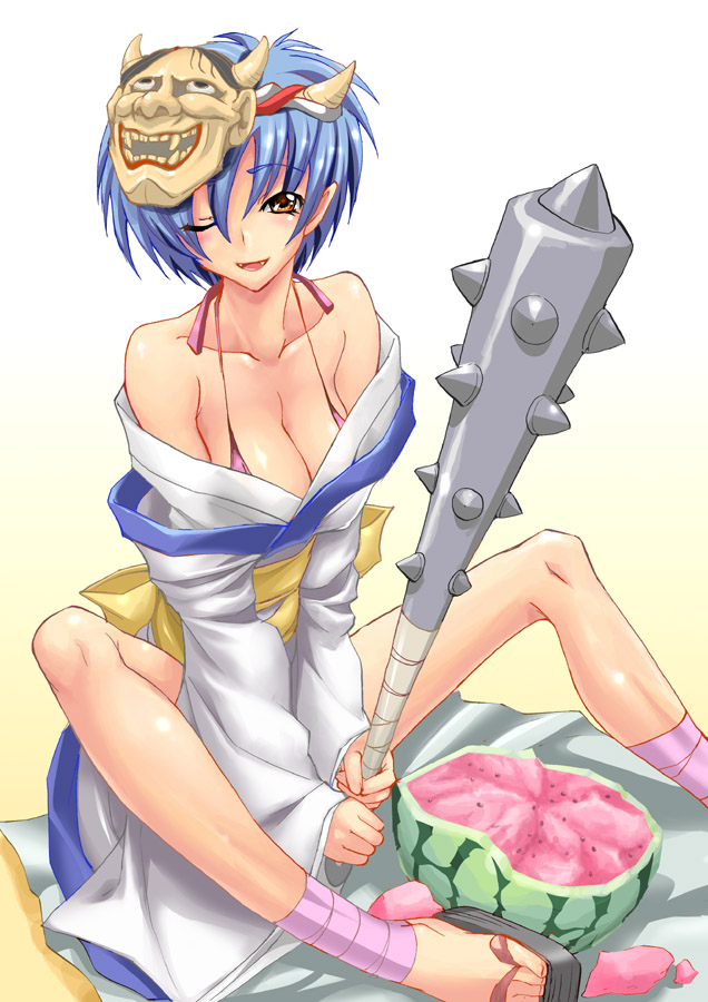 shiruko (inosin), original, bare shoulders, beach, bikini, blue hair, blue oni, club, club (weapon), demon girl, food, fruit, horns, japanese clothes, kanabou, mask, one eye closed, oni, sand, solo, suikawari, swimsuit, watermelon, weapon, wink