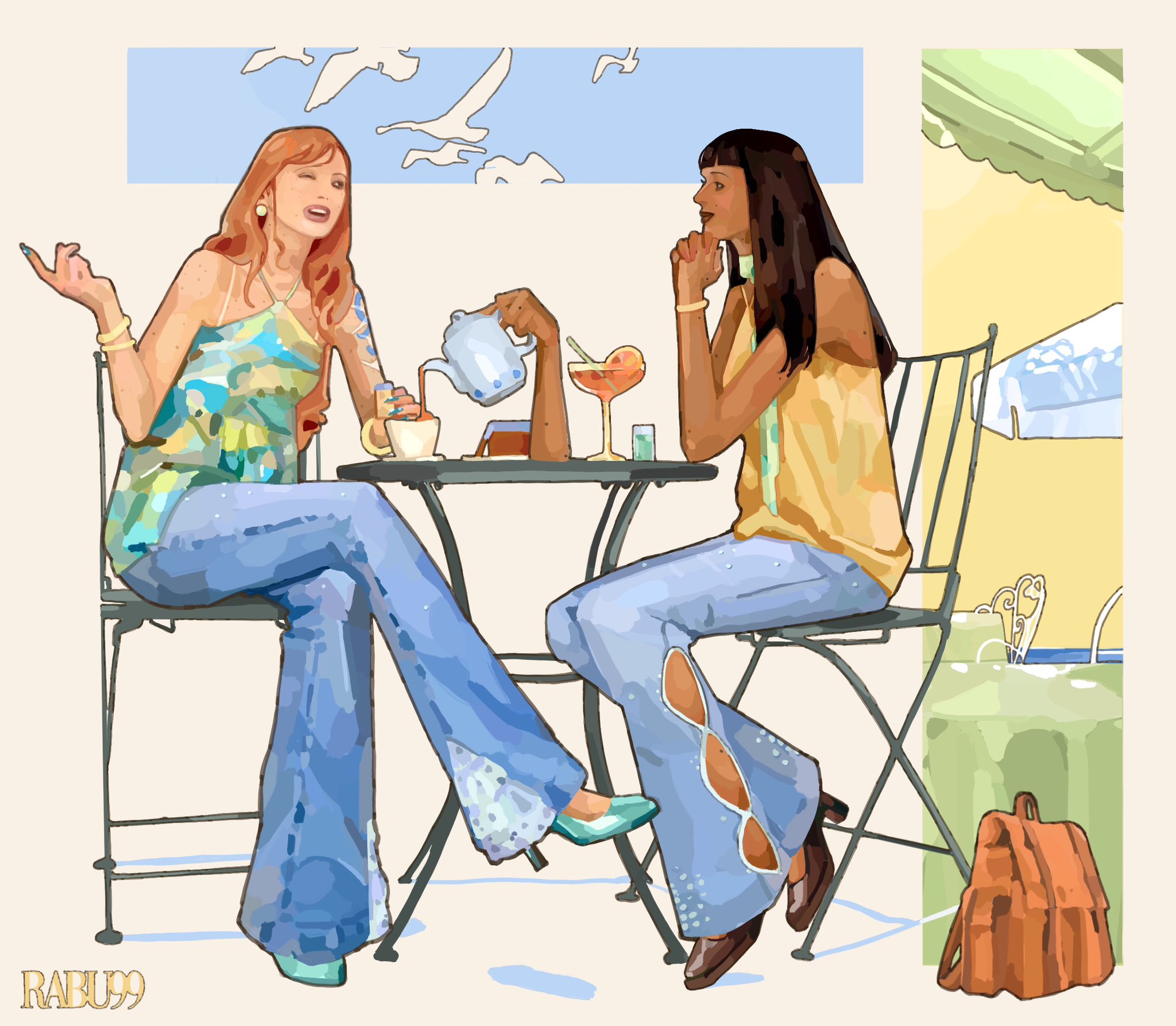nami (one piece), nico robin, one piece, hashtag-only commentary, highres, 2girls, arm tattoo, artist name, bird, black hair, blue nails, blunt bangs, bracelet, crossed legs, denim, extra arms, halterneck, high heels, jeans, jewelry, long hair, multiple girls, orange hair, pants, rabu99, sitting, tattoo, teapot