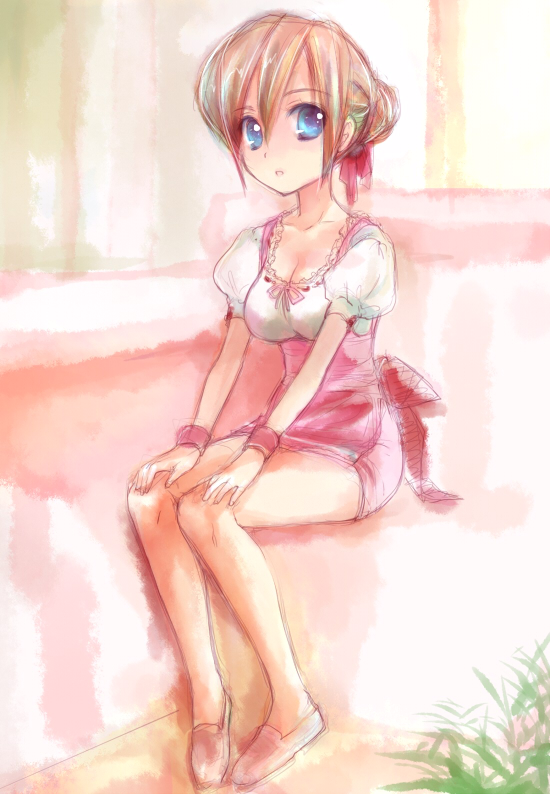 mofmof (sousa), anna miller, 1girl, breasts, cleavage, female focus, medium breasts, miniskirt, ribbon, skirt, solo, waitress
