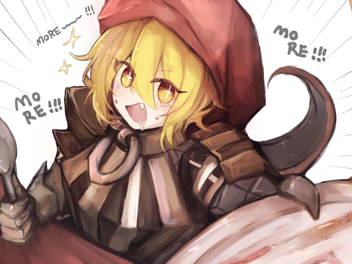 yokuri tori, don quixote (project moon), limbus company, project moon, + +, 1girl, :d, armor, blonde hair, drooling, e.g.o (project moon), fang, hat, holding, holding plate, holding spoon, lifetime stew (e.g.o), lizard tail, looking at viewer, open mouth, plate, red hat, short hair, simple background, smile, solo, spoon, tail, upper body, white background, yellow eyes