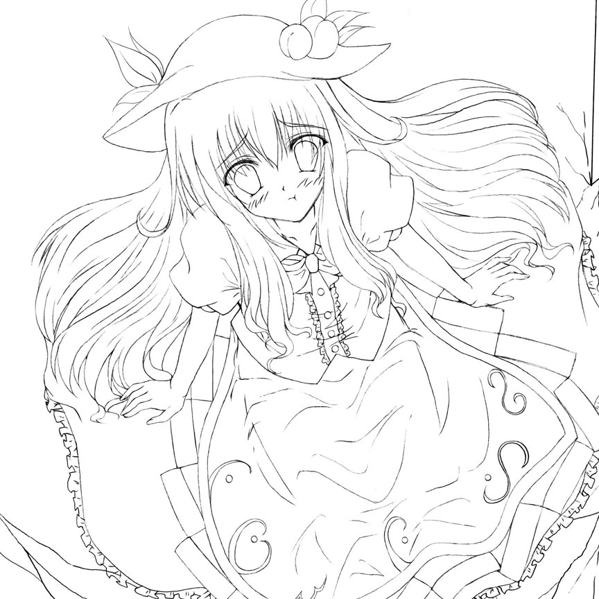 momo at ten, hinanawi tenshi, touhou, 1girl, female focus, greyscale, hat, monochrome, solo