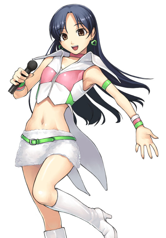mofmof (sousa), tanaka shoutarou, kisaragi chihaya, idolmaster, idolmaster (classic), idolmaster 1, 00s, boots, brown eyes, microphone, midriff, open mouth, skirt, smile, solo