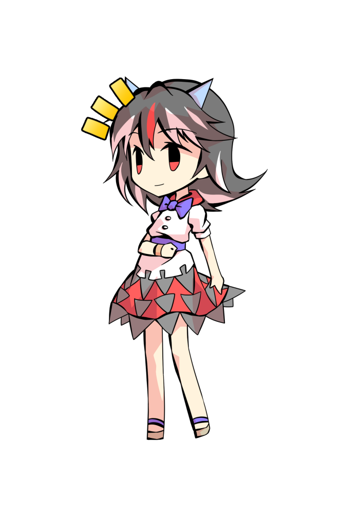 dairi, kijin seija, double dealing character, touhou, commentary request, large variant set, variant set, 1girl, arrow print, black hair, black skirt, blue bow, blue bowtie, blue sash, bow, bowtie, closed mouth, collared shirt, deformed, double-parted bangs, full body, hair between eyes, hand up, horns, light smile, looking ahead, medium hair, miniskirt, multicolored hair, notice lines, red eyes, red hair, red skirt, sandals, sash, shirt, short sleeves, simple background, skirt, solo, streaked hair, tachi-e, transparent background, two-tone skirt, white hair, white shirt