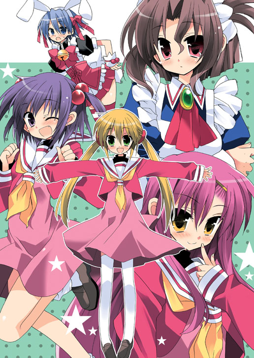 araki kanao, kana (artist), ayasaki hayate, katsura hinagiku, maria (hayate no gotoku!), sanzen'in nagi, segawa izumi, hayate no gotoku!, 00s, 1boy, 4girls, multiple girls, school uniform, serafuku, thighhighs