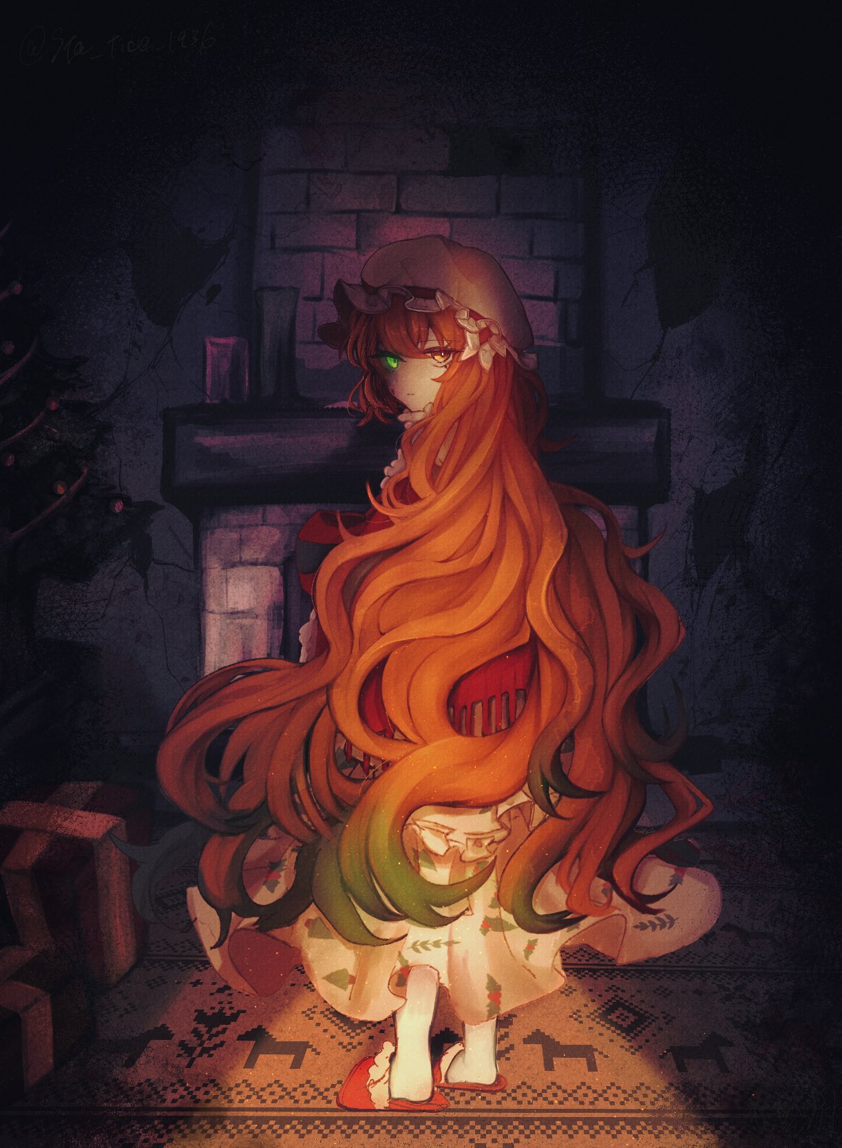 yokuri tori, ishmael (project moon), limbus company, project moon, highres, 1girl, box, christmas nightmare (e.g.o), christmas tree, dress, e.g.o (project moon), fireplace, freckles, full body, gift, gift box, gradient hair, green eyes, green hair, hat, heterochromia, indoors, long hair, looking at viewer, mob cap, multicolored hair, orange eyes, orange hair, red shawl, red slippers, shawl, simple background, slippers, solo, standing, white dress, white hat