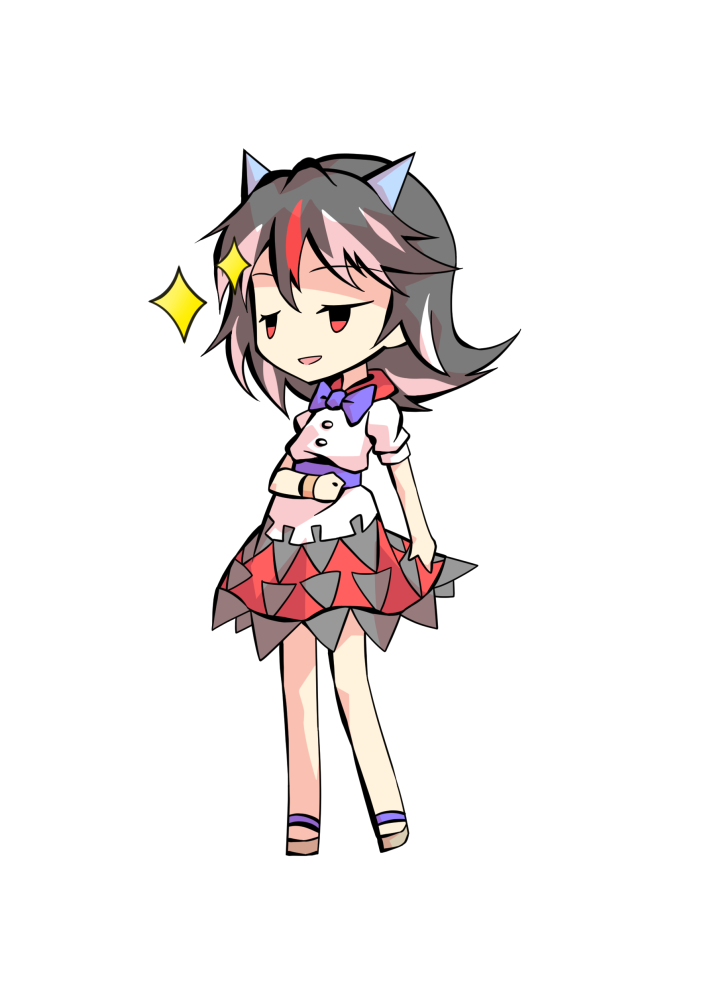 dairi, kijin seija, double dealing character, touhou, commentary request, large variant set, variant set, 1girl, arrow print, black hair, black skirt, blue bow, blue bowtie, blue sash, bow, bowtie, collared shirt, deformed, double-parted bangs, full body, hair between eyes, half-closed eyes, hand up, horns, looking ahead, medium hair, miniskirt, multicolored hair, open mouth, red eyes, red hair, red skirt, sandals, sash, shirt, short sleeves, simple background, skirt, smile, solo, sparkle, streaked hair, tachi-e, transparent background, two-tone skirt, white hair, white shirt