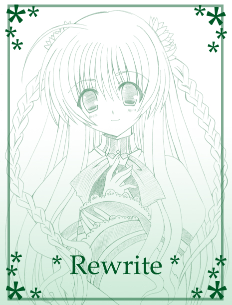 tasogareno maana, kanbe kotori, rewrite, 10s, ahoge, blush, braid, green theme, long hair, monochrome, sketch, smile, solo, twin braids