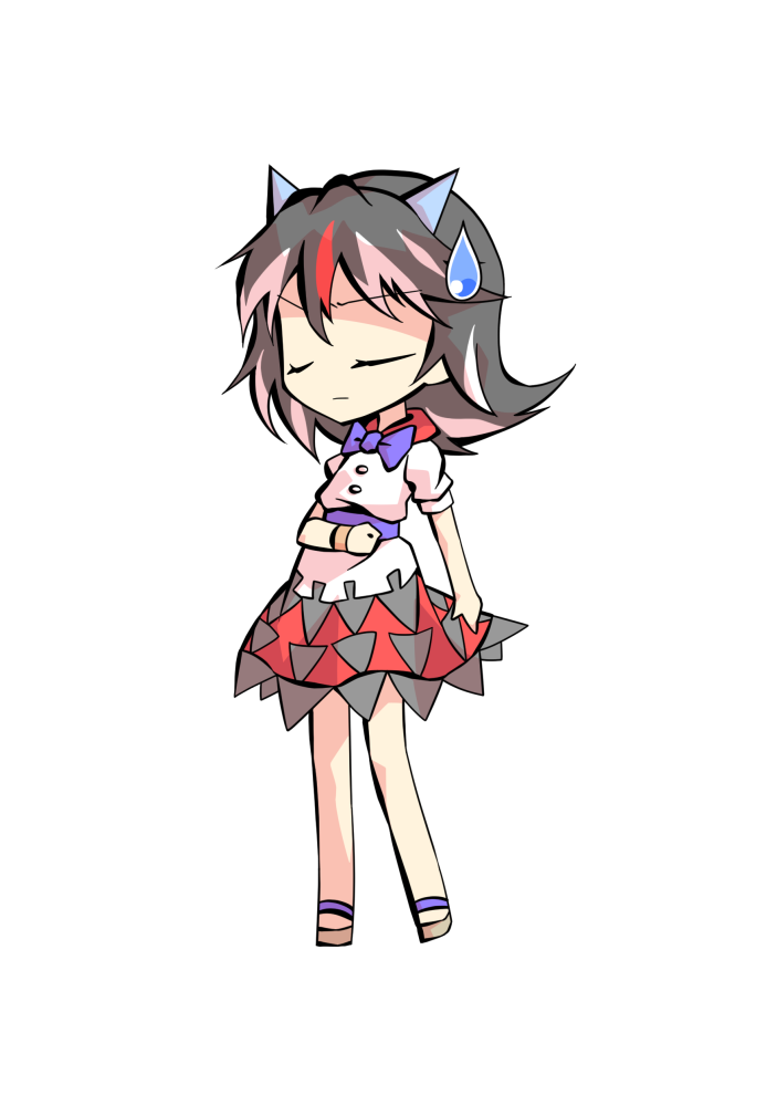 dairi, kijin seija, double dealing character, touhou, commentary request, large variant set, variant set, 1girl, arrow print, black hair, black skirt, blue bow, blue bowtie, blue sash, bow, bowtie, closed eyes, closed mouth, collared shirt, comedic sweatdrop, deformed, double-parted bangs, facing ahead, full body, hair between eyes, hand up, horns, light frown, medium hair, miniskirt, multicolored hair, red hair, red skirt, sandals, sash, shirt, short sleeves, simple background, skirt, solo, streaked hair, sweatdrop, tachi-e, transparent background, two-tone skirt, v-shaped eyebrows, white hair, white shirt