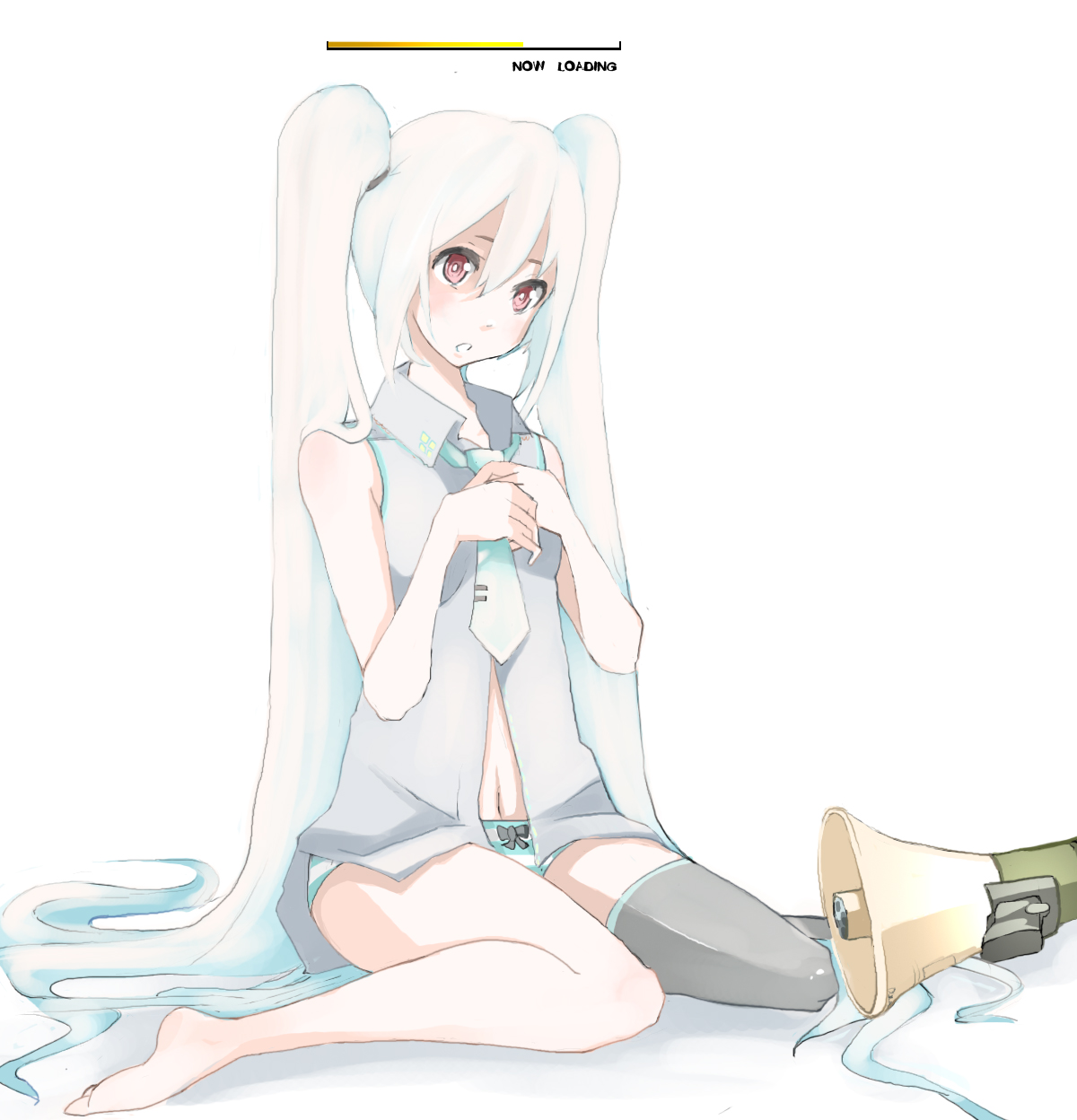 tansuke, hatsune miku, vocaloid, highres, albino, barefoot, bow, bow panties, green panties, loading screen, long hair, megaphone, necktie, panties, red eyes, solo, striped clothes, striped panties, thighhighs, twintails, underwear, undressing, white hair