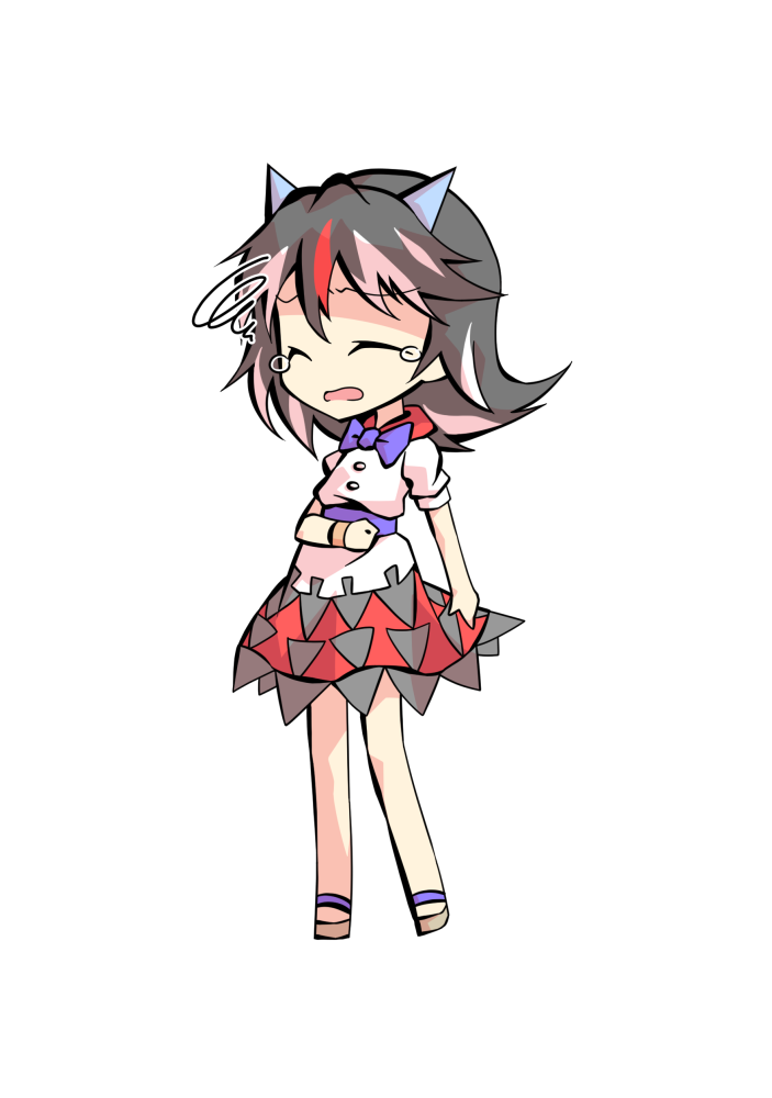dairi, kijin seija, double dealing character, touhou, commentary request, large variant set, variant set, 1girl, ^ ^, arrow print, black hair, black skirt, blue bow, blue bowtie, blue sash, bow, bowtie, closed eyes, collared shirt, deformed, double-parted bangs, facing ahead, full body, hair between eyes, hand up, horns, medium hair, miniskirt, multicolored hair, open mouth, red hair, red skirt, sandals, sash, shirt, short sleeves, simple background, skirt, solo, spiral, streaked hair, tachi-e, tearing up, transparent background, two-tone skirt, white hair, white shirt