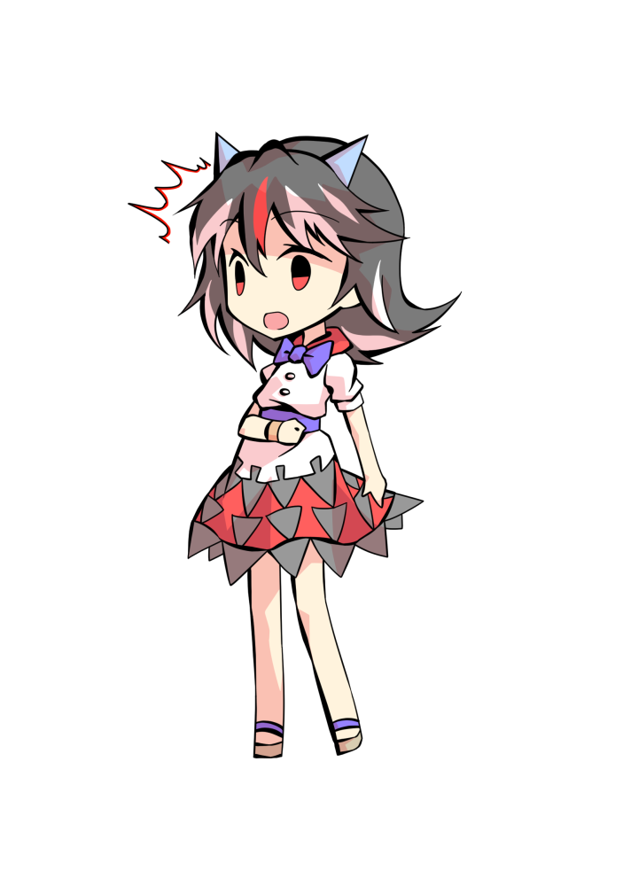 dairi, kijin seija, double dealing character, touhou, commentary request, large variant set, variant set, 1girl, ^^^, arrow print, black hair, black skirt, blue bow, blue bowtie, blue sash, bow, bowtie, collared shirt, deformed, double-parted bangs, full body, hair between eyes, hand up, horns, looking ahead, medium hair, miniskirt, multicolored hair, open mouth, red eyes, red hair, red skirt, sandals, sash, shirt, short sleeves, simple background, skirt, solo, streaked hair, surprised, tachi-e, transparent background, two-tone skirt, white hair, white shirt, wide-eyed, wide mouth