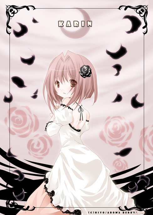 maaka karin, karin, 00s, 1girl, bare shoulders, crescent, crescent moon, dress, female focus, looking back, moon, petals, solo