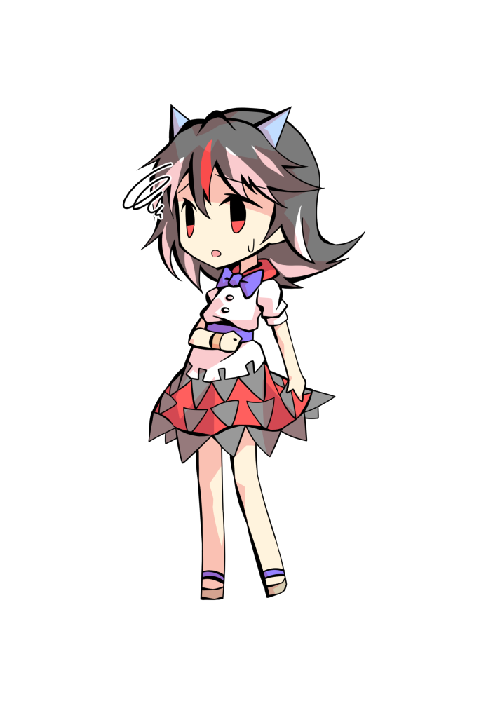 dairi, kijin seija, double dealing character, touhou, commentary request, large variant set, variant set, 1girl, :o, arrow print, black hair, black skirt, blue bow, blue bowtie, blue sash, bow, bowtie, collared shirt, deformed, double-parted bangs, full body, hair between eyes, hand up, horns, looking ahead, medium hair, miniskirt, multicolored hair, open mouth, red eyes, red hair, red skirt, sandals, sash, shirt, short sleeves, simple background, skirt, solo, spiral, streaked hair, sweatdrop, tachi-e, transparent background, two-tone skirt, white hair, white shirt