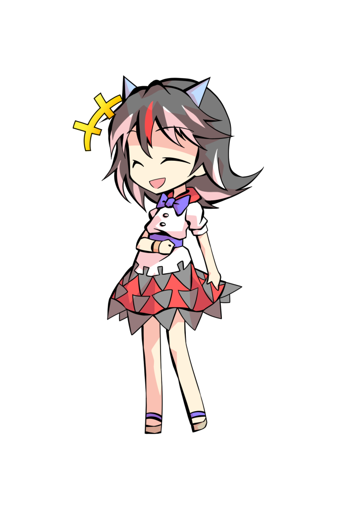 dairi, kijin seija, double dealing character, touhou, commentary request, large variant set, variant set, 1girl, :d, ^ ^, arrow print, black hair, black skirt, blue bow, blue bowtie, blue sash, bow, bowtie, closed eyes, collared shirt, deformed, double-parted bangs, facing ahead, full body, hair between eyes, hand up, horns, medium hair, miniskirt, multicolored hair, open mouth, red hair, red skirt, sandals, sash, shirt, short sleeves, simple background, skirt, smile, solo, streaked hair, tachi-e, talking, transparent background, two-tone skirt, white hair, white shirt