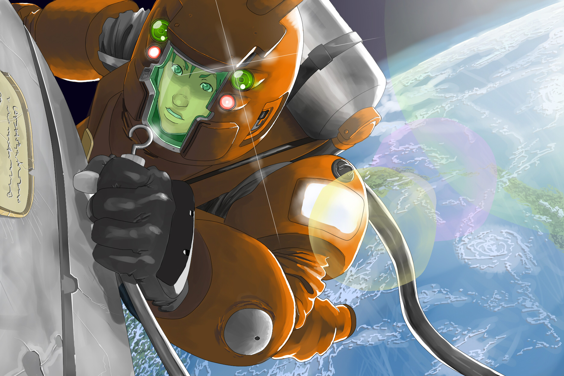 sora-bakabon, hoshino hachirouta, planetes, highres, 1boy, astronaut, earth (planet), helmet, lens flare, male focus, science fiction, solo, space, spacesuit, zero gravity