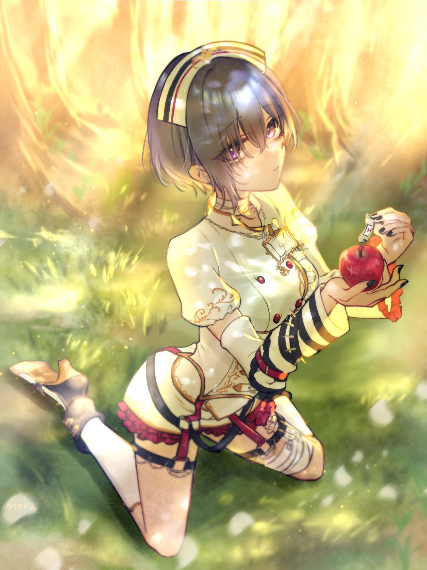 uirotori, sophia (d4dj), d4dj, highres, 1girl, apple, breasts, food, fruit, full body, grass, hat, high heels, looking at another, medium breasts, nature, nurse, nurse cap, official alternate costume, on grass, purple eyes, purple hair, short hair, solo, thighhighs, tree, white thighhighs