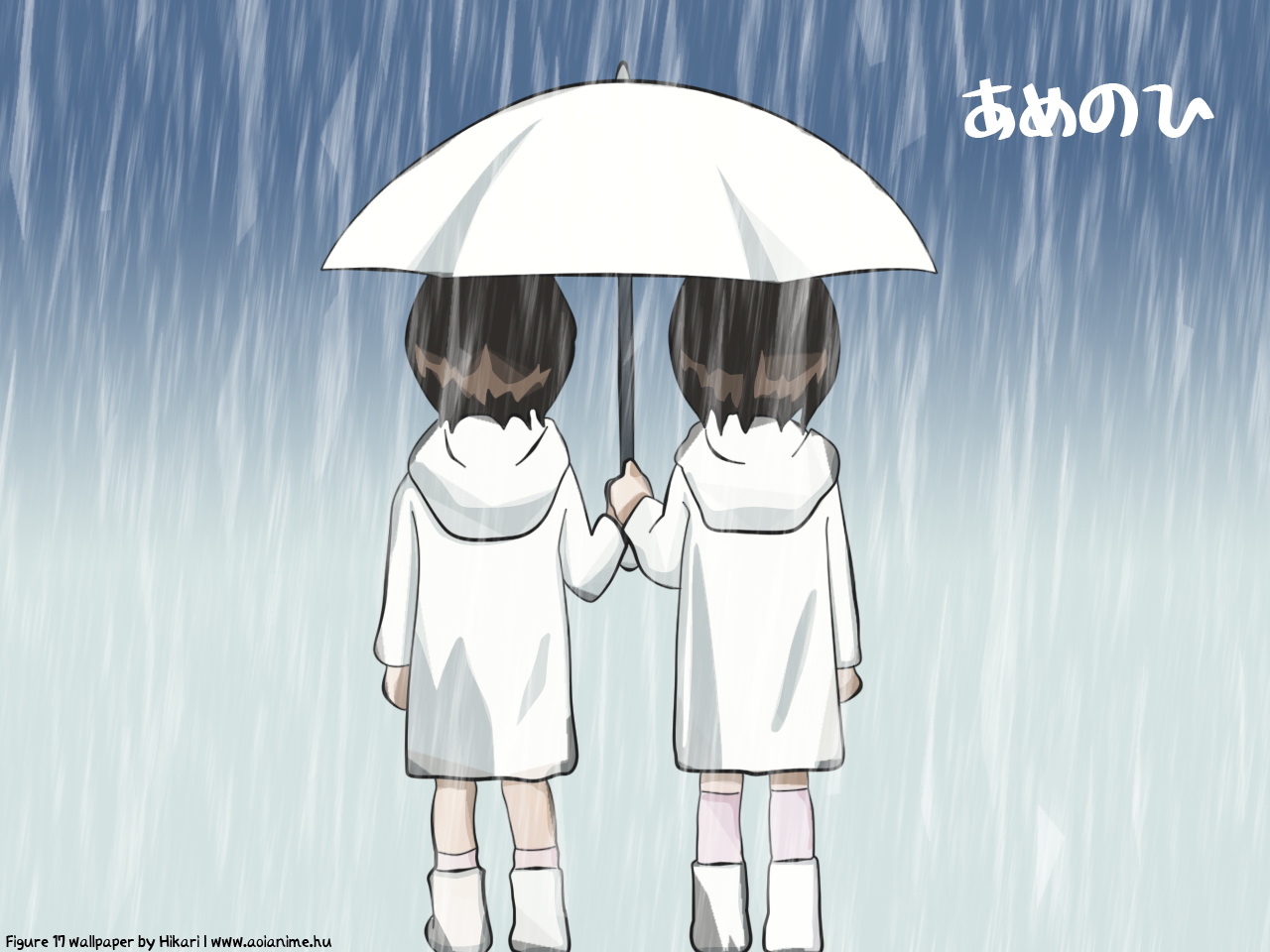 shiina hikaru, shiina tsubasa, figure 17, translated, 00s, 2girls, back, boots, brown hair, coat, holding, holding umbrella, multiple girls, rain, short hair, siblings, sisters, twins, umbrella