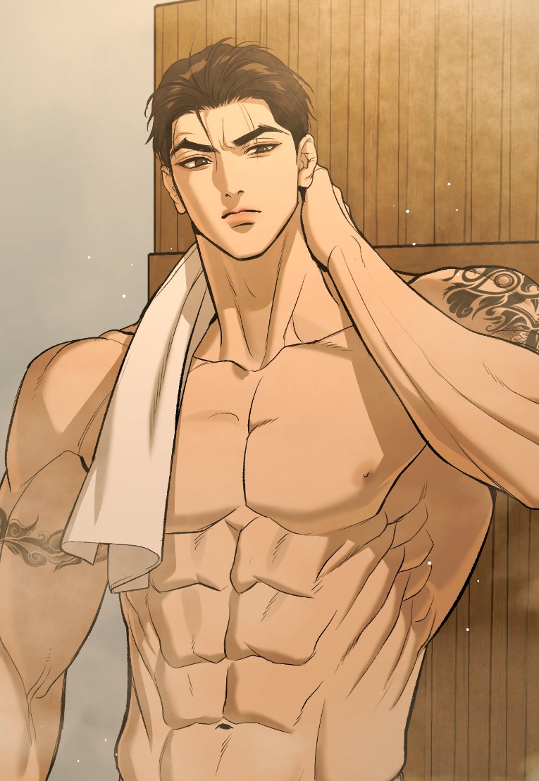 mingwa, joo jaekyung, jinx (manhwa), 1boy, abs, arm tattoo, asian, bara, bare pectorals, biceps, black eyes, black hair, male focus, manly, muscular, muscular male, pectorals, short hair, solo, tattoo, toned, toned male, topless male, towel, towel around neck