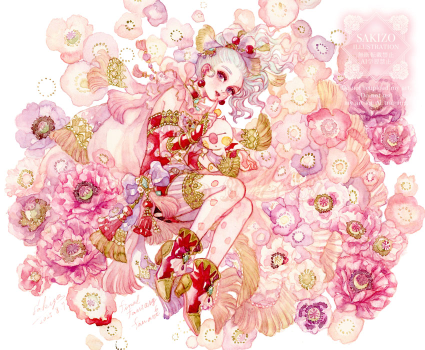sakizou, moogle, tina branford, final fantasy, final fantasy vi, commentary, english commentary, painting (medium), traditional media, watercolor (medium), 1girl, bare shoulders, blonde hair, blue eyes, boots, cape, detached sleeves, dress, earrings, finger to mouth, floral background, full body, hair ribbon, high heel boots, high heels, jewelry, knees together feet apart, long hair, looking at viewer, lying, on side, pantyhose, pink cape, polka dot, polka dot pantyhose, ponytail, red boots, red dress, red lips, ribbon, smile, solo, strapless, strapless dress