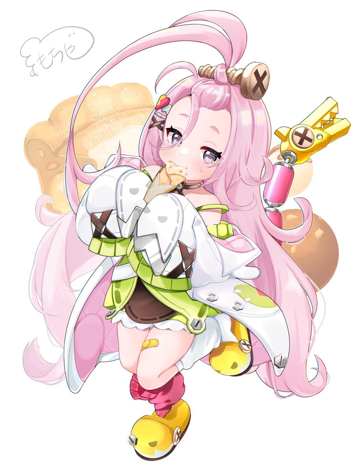 aino (genshin impact), genshin impact, commentary request, highres, 1girl, bandaid on thigh, bangs pinned back, crepe, dress, eating, food, green dress, hair ornament, hairclip, inui hinamochi, long hair, long sleeves, looking at viewer, mismatched socks, pie, pie slice, pink hair, purple eyes, screw hair ornament, shoes, signature, simple background, sleeves past fingers, sleeves past wrists, solo, very long sleeves, white background, yellow shoes